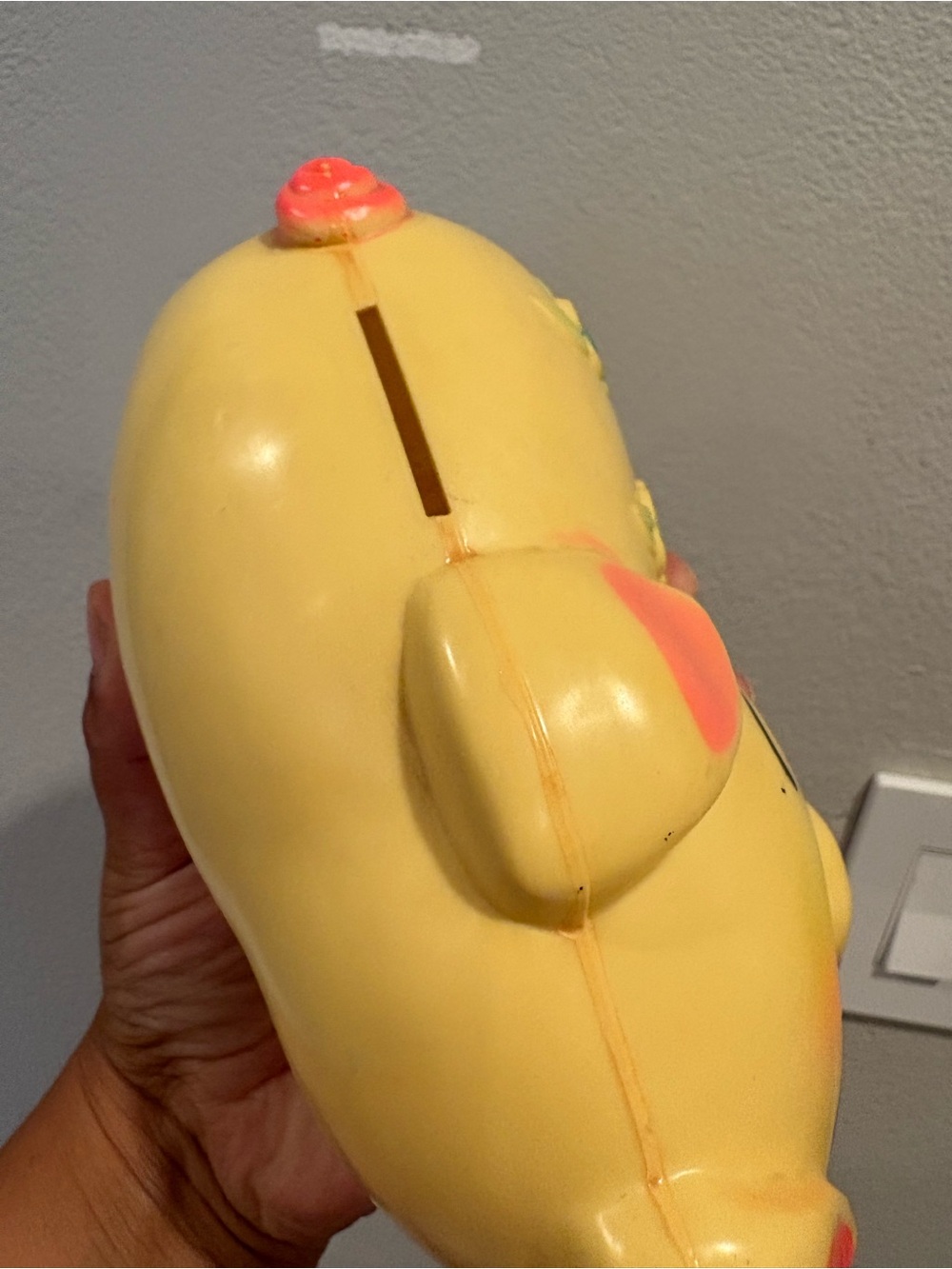 Vintage 1977 Sanitoy Yellow Plastic Piggy Bank Hand Painted Bright Colors - Picture 8 of 10